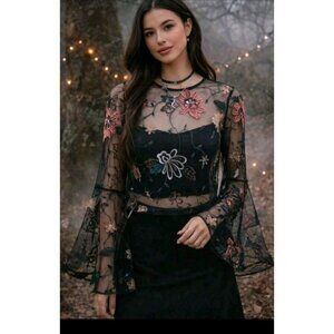 Womens Whimsigoth Top Sheer Flared Sleeve Boho Fairy Grunge Embroidered Sz Small